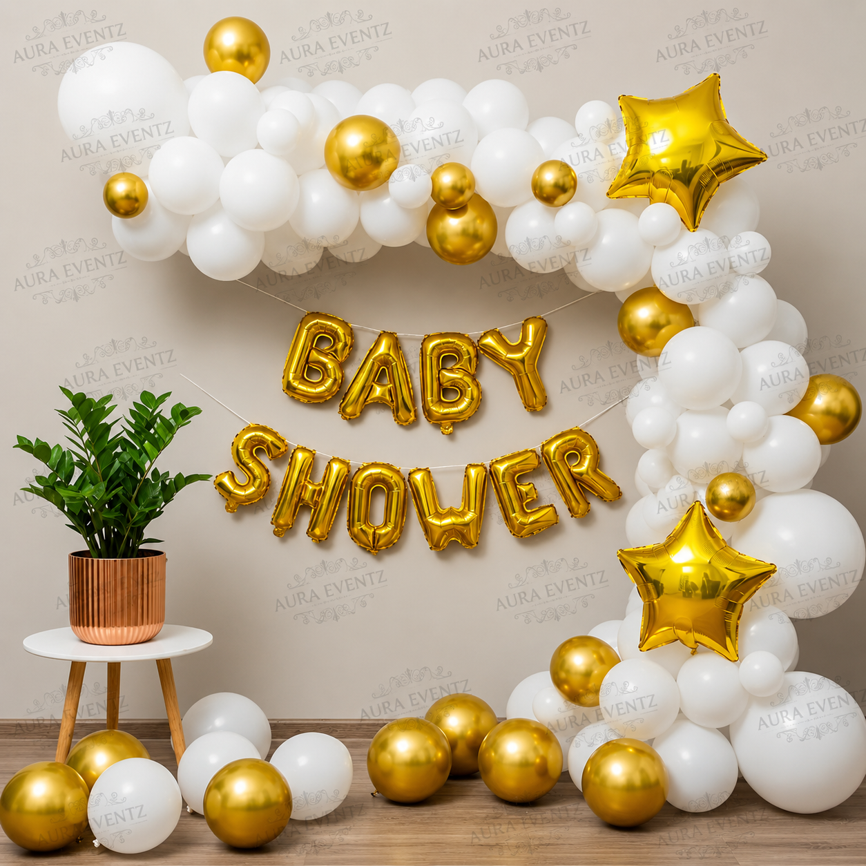 Golden Balloon Baby Shower Setup