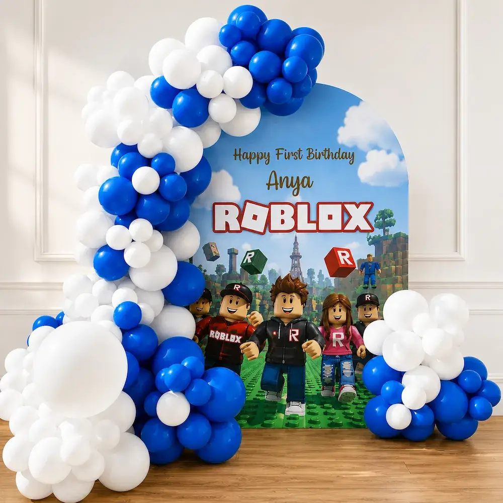 Roblox Theme Birthday Decoration with Blue Balloon Arch