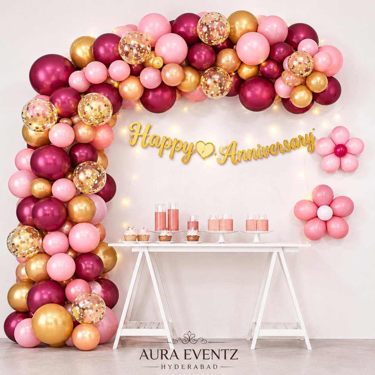 Burgundy, Pink & Gold Anniversary Balloon Decoration
